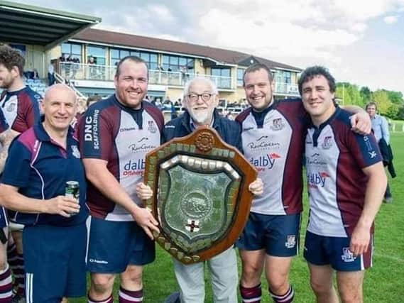 Dave Campbell, centre, with, from left, former coach Simon Smith, Matty Jones, Tom Ratcliffe and Tom Harrison after Scarborough RUFC’s Yorkshire Shield final win in 2018