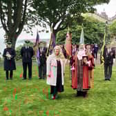 Mayor and Mayoress of the Borough of Scarborough, Cllr Eric Broadbent and Mrs Lynne Broadbent with standard bearers