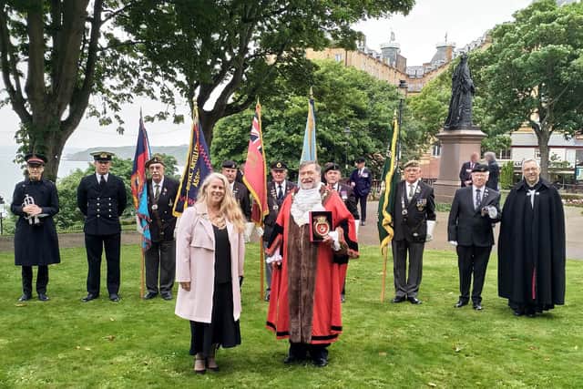 Mayor and Mayoress of the Borough of Scarborough, Cllr Eric Broadbent and Mrs Lynne Broadbent with standard bearers