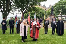 Mayor and Mayoress of the Borough of Scarborough, Cllr Eric Broadbent and Mrs Lynne Broadbent with standard bearers