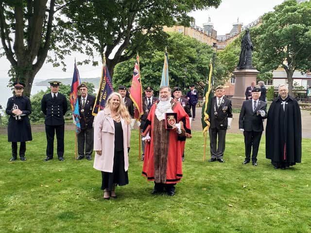 Mayor and Mayoress of the Borough of Scarborough, Cllr Eric Broadbent and Mrs Lynne Broadbent with standard bearers