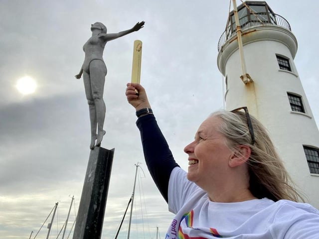 Caroline Powell at the Diving Belle statue on Lighthouse Pier in Scarborough.