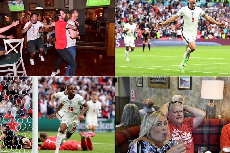 Jubilant scenes in Scarborough as England fans react to a historic 2-0 win over Germany as Raheem Sterling and Harry Kane bag the goals. Photo: (Getty/Catherine Ivill)
