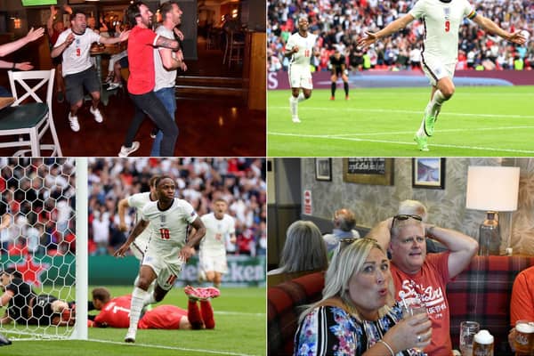 Jubilant scenes in Scarborough as England fans react to a historic 2-0 win over Germany as Raheem Sterling and Harry Kane bag the goals. Photo: (Getty/Catherine Ivill)
