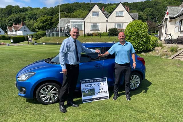 The Suzuki Swift car on offer for a hole in one, courtesy of GT Garages Scarborough. Pictured are Nick Borthwick (GT Garages) and Shaun Smith (Club Manager)