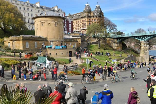 Final section through Scarborough town centre on Stage 1 of the first Tour De Yorkshire bike race in May 2015.