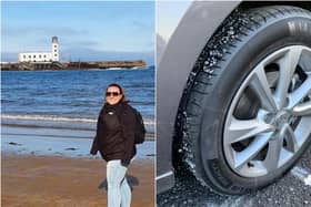 Left: Donna Connelly and Right: Damaged car tyre. Photos: Donna Connelly