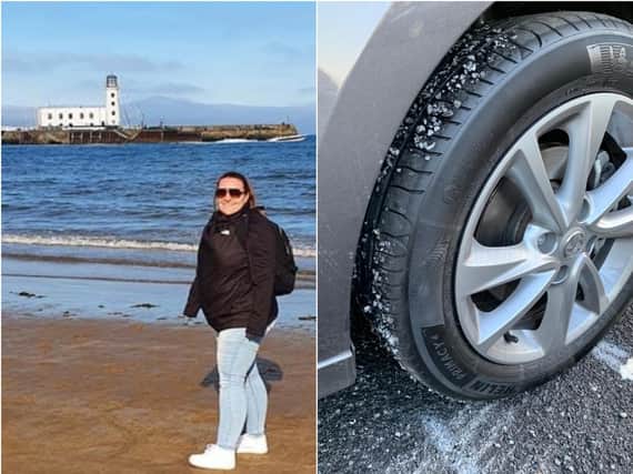Left: Donna Connelly and Right: Damaged car tyre. Photos: Donna Connelly