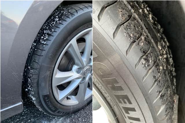 Photos show the damage to the car's tyres. Photos: Donna Connelly
