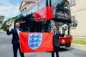 THREE LIONS ... ON THE BUS! Transdev has named one of its buses in Harrogate after England football manager and local resident Gareth Southgate – the freshly named bus is seen here with Transdev CEO Alex Hornby (left) and tourism agency Welcome to Yorkshire’s CEO James Mason.