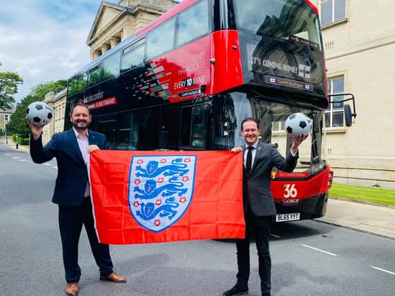 THREE LIONS ... ON THE BUS! Transdev has named one of its buses in Harrogate after England football manager and local resident Gareth Southgate – the freshly named bus is seen here with Transdev CEO Alex Hornby (left) and tourism agency Welcome to Yorkshire’s CEO James Mason.
