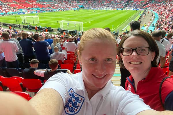 Tamanie Ingledew (left, with Emma Jolliffe) inside Wembley Stadium for the Euro 2020 final between England and Italy.