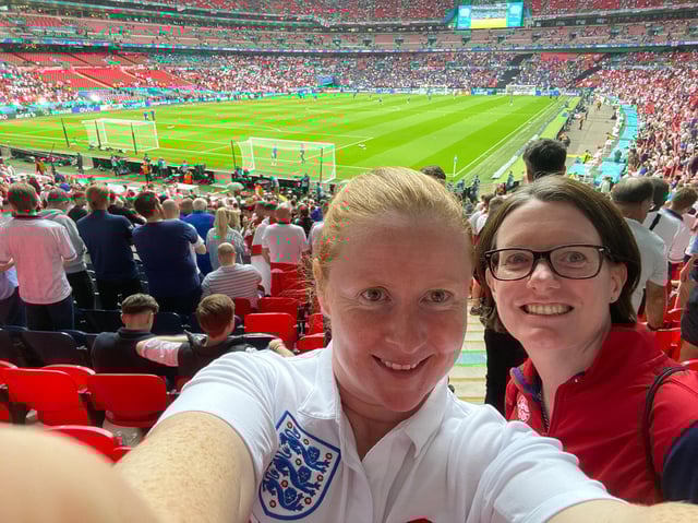 Tamanie Ingledew (left, with Emma Jolliffe) inside Wembley Stadium for the Euro 2020 final between England and Italy.