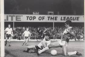 Ernie Moss scores for Chesterfield in October 1984 in a 3-1 win against Hereford