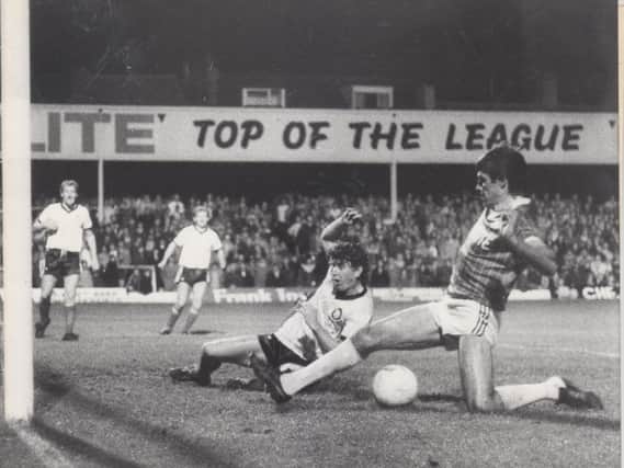 Ernie Moss scores for Chesterfield in October 1984 in a 3-1 win against Hereford