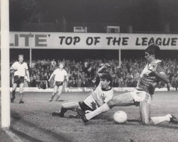 Ernie Moss scores for Chesterfield in October 1984 in a 3-1 win against Hereford