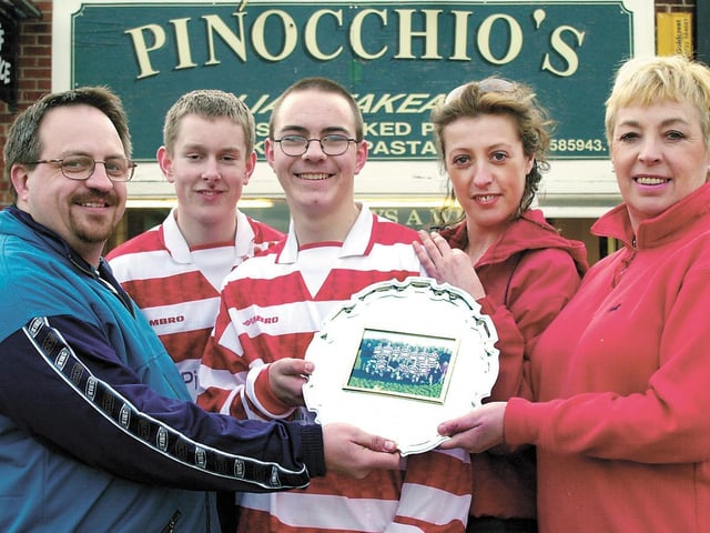 Footballers will be paying tribute to Tony Walker, pictured left during his time as Eastfield FC boss in 2002, son Lee Walker in the centre of the photo.