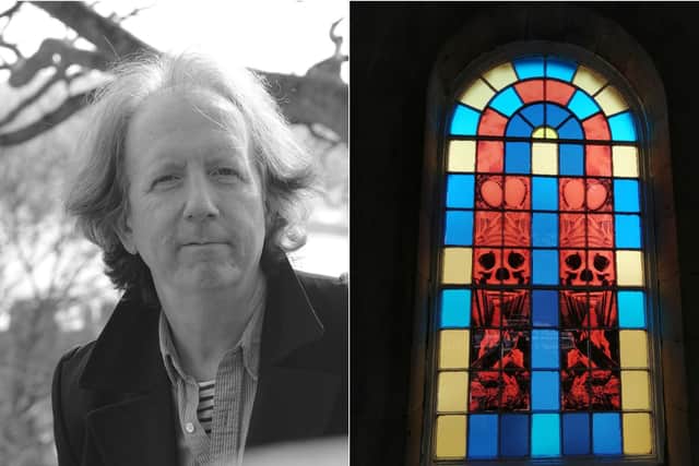 Composer John Pattison, and one of the Wilfred Owen windows.