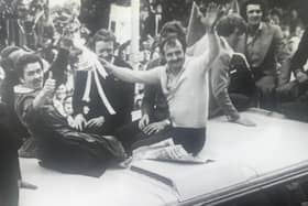 Jeff Barmby celebrates at Boro's 1977 homecoming victory parade after the FA Trophy win at Wembley.