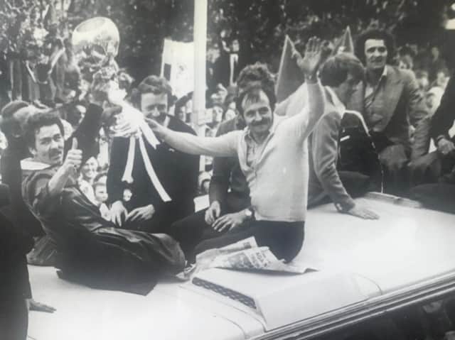 Jeff Barmby celebrates at Boro's 1977 homecoming victory parade after the FA Trophy win at Wembley.
