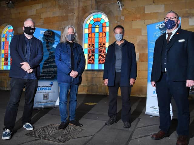 The new Wilfred Owen windows are unveiled at Scarborough Train Station.
