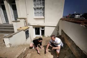 An excavation dig is taking place at Phoenix Court ... Marie Woods and Phoenix Court owner Mike Buttery on site.