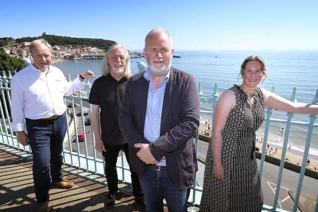 Big Ideas by the Sea Nick Taylor, left, John Oxley, Organiser Kane Cunningham, and speaker Sarah Oswald.