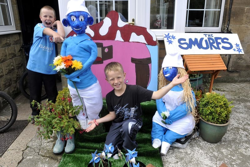 Hinderwell Gala Week Scarecrow Festival: Connal Gibson, centre, with friend Matthew Pullman and their Smurfs.