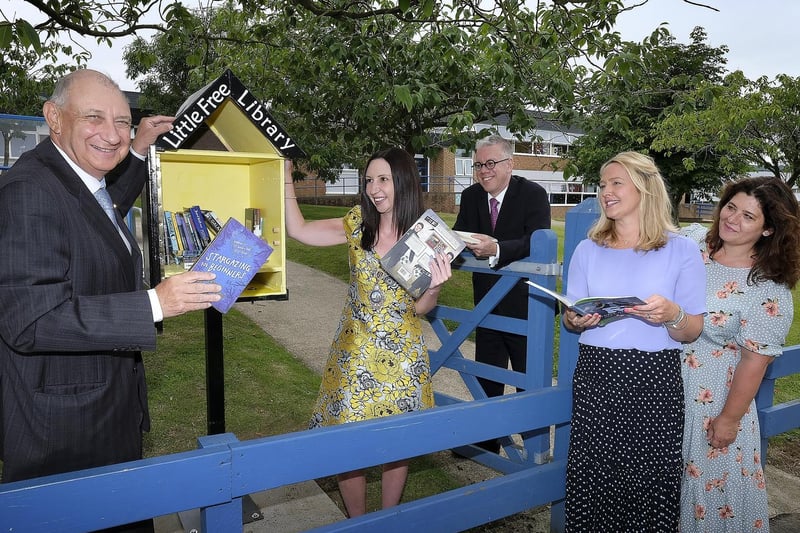 St Augustine's new Little Free Library opens with Consort Norman Murphy and Deputy Mayor Roxanne Murphy , Head Paul Griffin, Andrea Rewcroft who donated the library and School librarian Ruchelle Gomersall...pic Richard Ponter