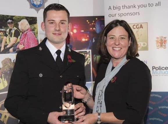 Sergeant Tinsley receiving the 2016 Public Choice Award from former Police, Crime and Fire Commissioner Julia Mulligan. Picture: North Yorkshire Police