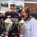 Senna Proctor shows off  his trophies after his Oulton Park win with proud parents Mark and Justine Proctor

Photo by Gavin Proc Photography