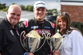 Senna Proctor shows off  his trophies after his Oulton Park win with proud parents Mark and Justine Proctor

Photo by Gavin Proc Photography