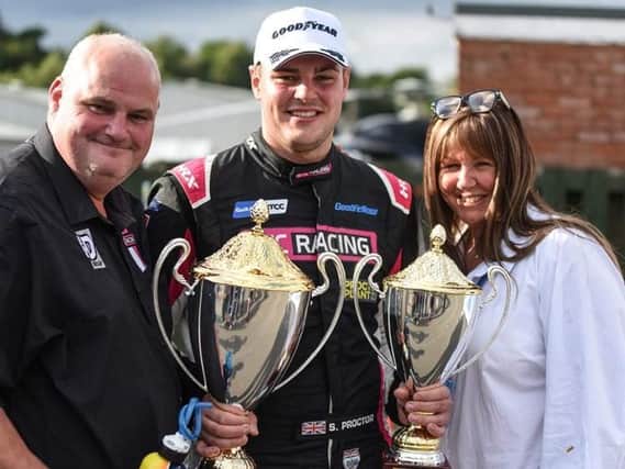 Senna Proctor shows off his trophies after his Oulton Park win with proud parents Mark and Justine Proctor
Photo by Gavin Proc Photography
