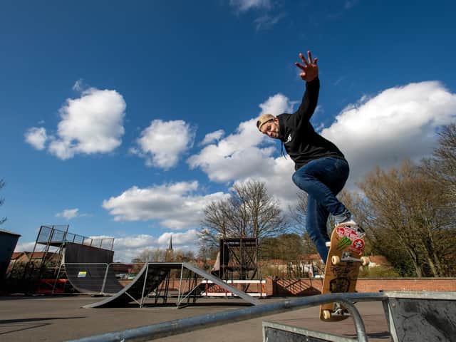 Campaigners have been battling to save Norton's half pipe, as seen in the background (pictured is Ryan Swain, who is leading the campaign)