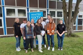 Delighted Whitby Sixth Form A-level students, from left: Rosie Hutt, Hannah Wharrick, Rachael Clarkson, Imogen Wright, Mia Tarnowski, Jasmin Stonehouse, Will Jackson, Abigail Motson and Kate Simpson.