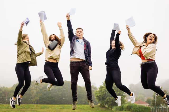 Scarborough Sixth Form College students celebrate receiving their results last year.