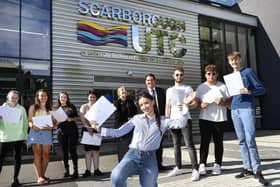 A level results at Scarborough's UTC - Cally Allen celebrates with fellow students and Rachel Fearne-Hough and Principal Lee Kilgour