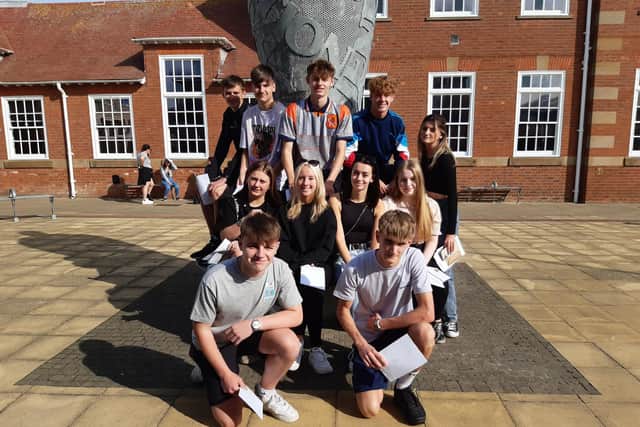 Caedmon College students pick up their GCSE results. Top from left: Alfie Lindoe, Maddox Found, Harry Craggs, Sonny McDermott, Sophia Mallender; middle: Maddie Weatherill, Nevie Scott, Lilly Broadley, Sophie Holden; front: Bailey Maude, Finley Swales.