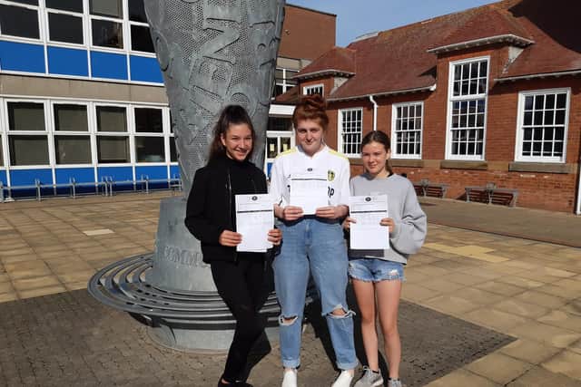 From left: Caedmon College students Mia Clews, Amy Heselton and Eve Aubry pick up their GCSE results.