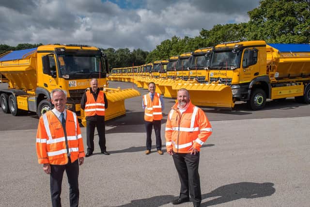 With the new vehicles are (left to right, front) Cllr Don Mackenzie and Karl Battersby, Corporate Director of Business and Environmental Services, and (back) Vick Croker of Mercedes truck dealership S&B Commercial and Kevin Yale of Econ. (North Yorkshire County Council)