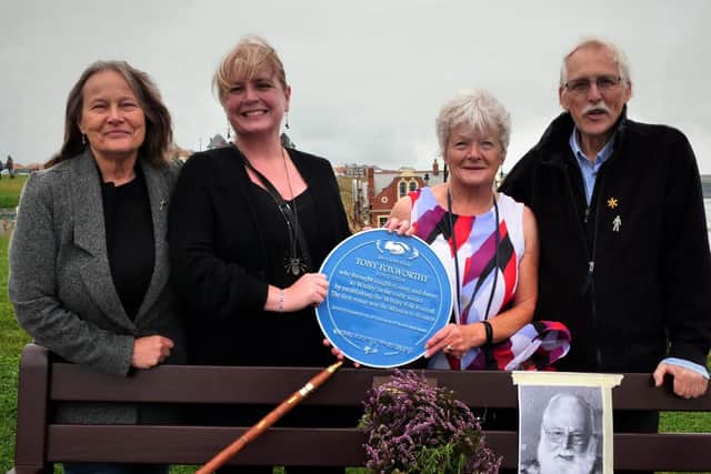 Pictured at Tony Foxworthy's memorial bench in Whitby are, from left to right: Jill Pidd, Morwenna Foxworthy, Betty Foxworthy and Doc Rowe.