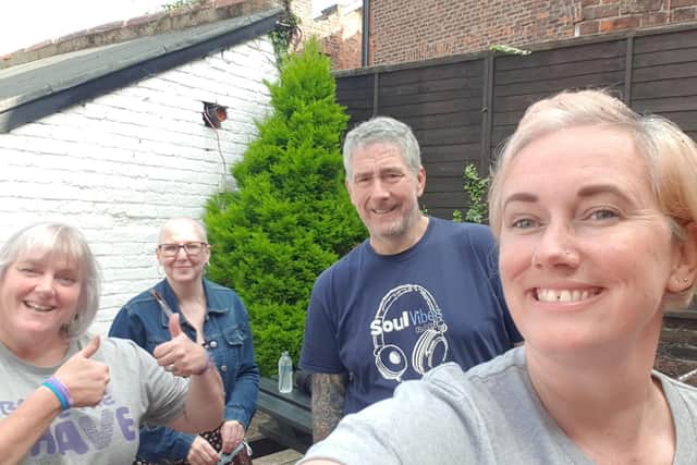 L-R Michelle Allen, Jo Laking, Chris Allen and Rachael Poole before the shave