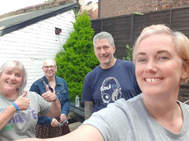 L-R Michelle Allen, Jo Laking, Chris Allen and Rachael Poole before the shave