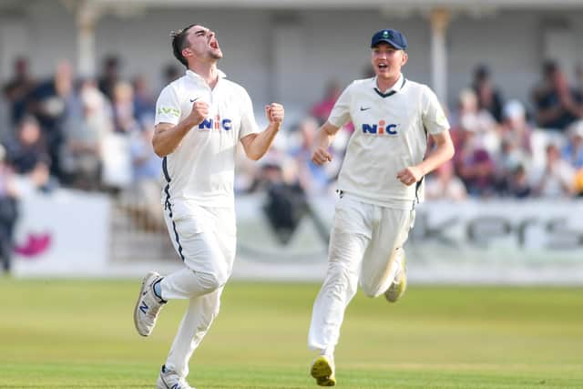 Yorkshire's Jordan Thompson celebrates the wicket of Somerset's Tom Banton after he was caught behind by Harry Duke Picture by Will Palmer/SWpix.com