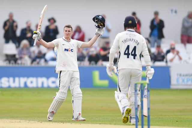 TOP MAN: Yorkshire's Harry Brook celebrates his century against Somerset Picture by Will Palmer/SWpix.com