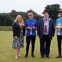 From left, Lynne Broadbent, Roger Crowther Cup winner Lucas Cooper, The Mayor of Scarborough, Councillor Eric Broadbent, and Gambart Baines winner James Wilcox, of Leeds