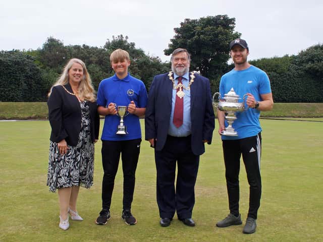 From left, Lynne Broadbent, Roger Crowther Cup winner Lucas Cooper, The Mayor of Scarborough, Councillor Eric Broadbent, and Gambart Baines winner James Wilcox, of Leeds