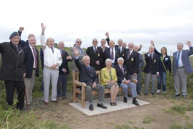 George Hepworth, Ken Sissons, Kathryn Wostenholme, Gordon Hobson and Tom Mayfield during a bench presentation at RSPB Bempton. (ps1328-27b)