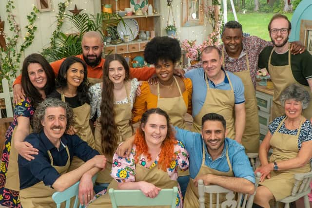 Freya, centre-left in the white top, with the new Great British Bake Off contestants. (Channel 4)