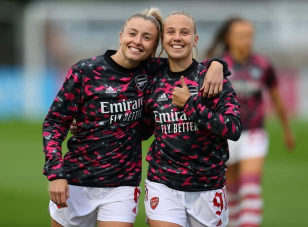 Beth Mead (right) and Leah Williamson of Arsenal warm up before theChampions League match against Slavia Prague
